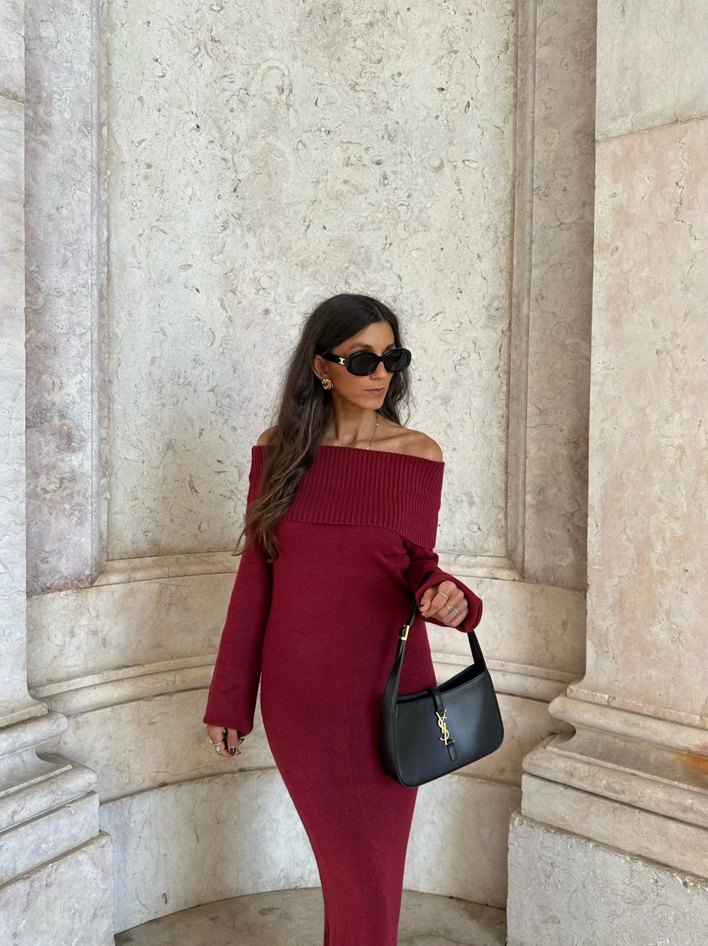 Off Shoulder Knit Dress in Burgundy