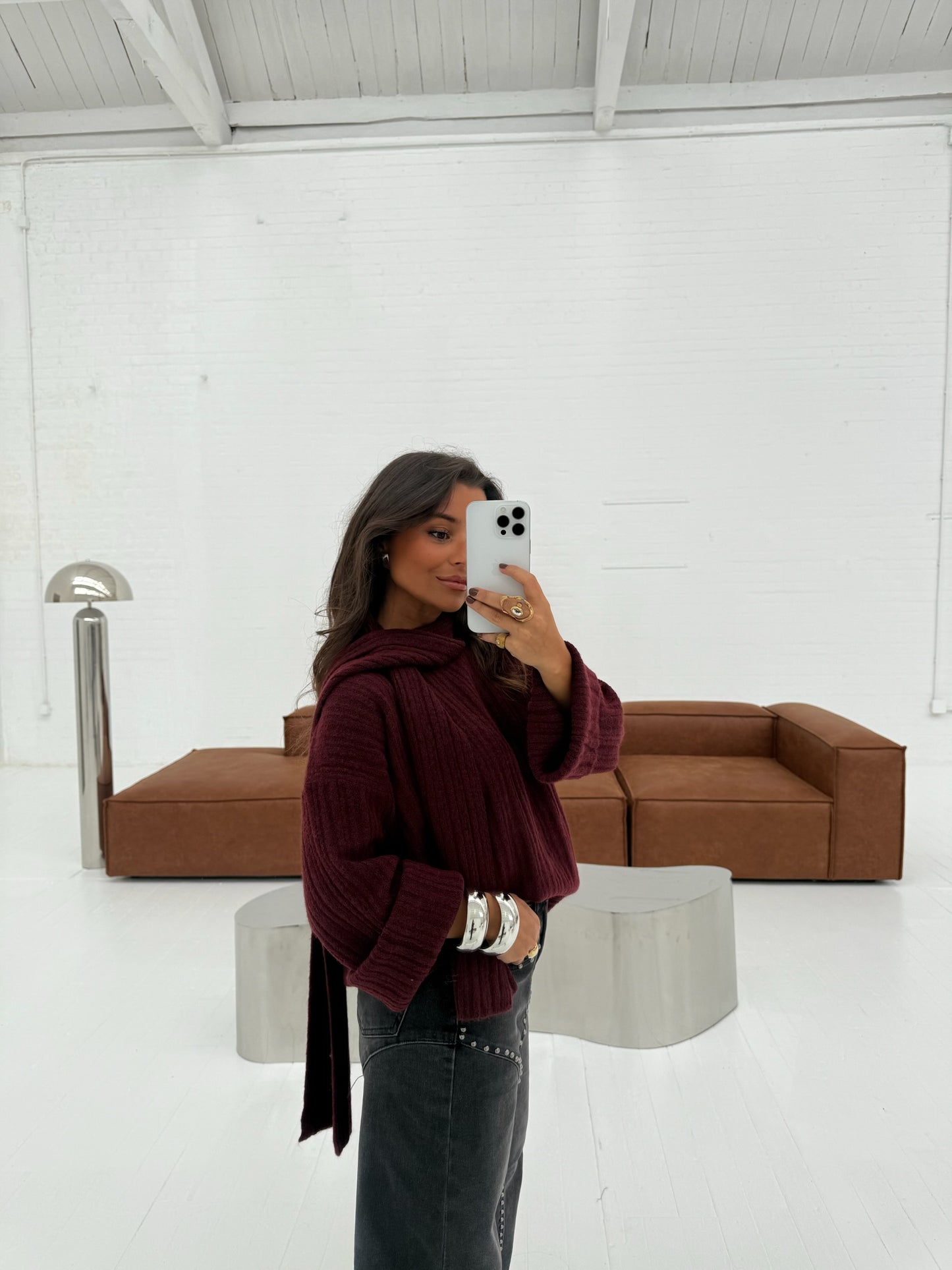 Stockholm Knit Sweater with Scarf in Burgundy