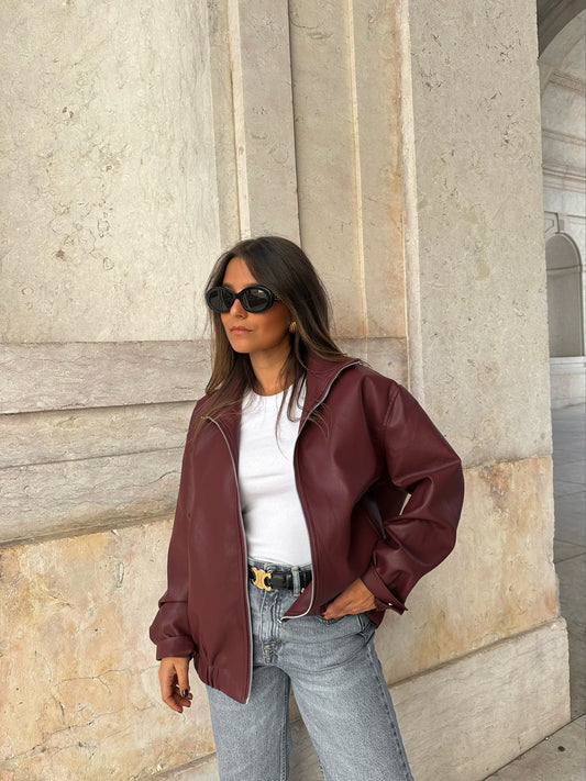 Burgundy Oversize Bomber In Leather