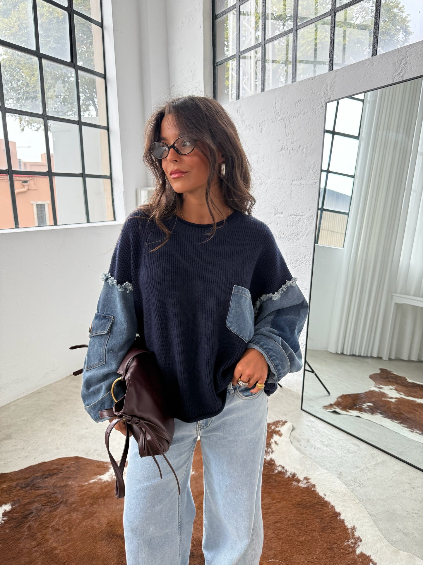 Denim and Navy Blue Sweater