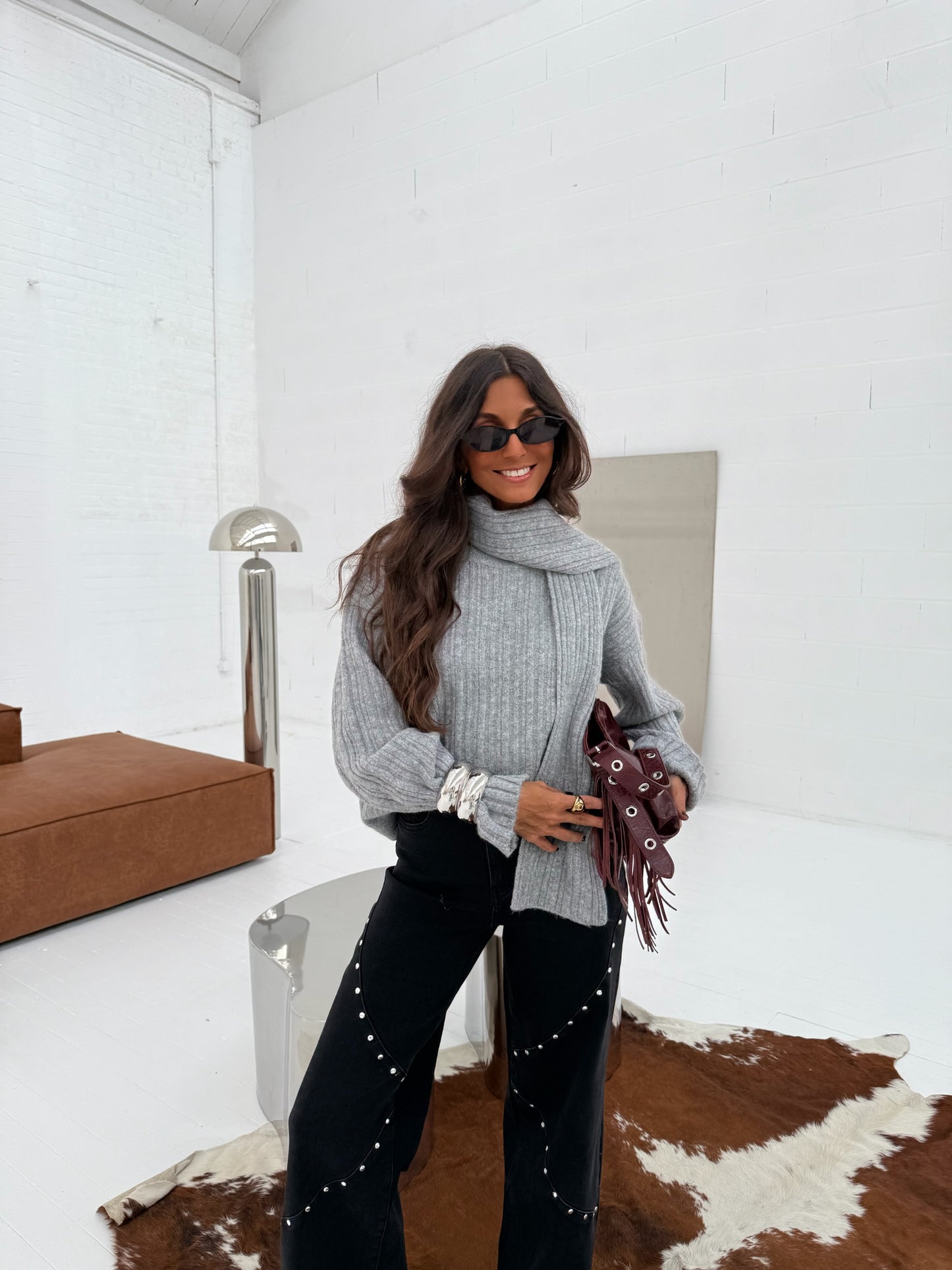 Stockholm Knit Sweater with Scarf in Grey