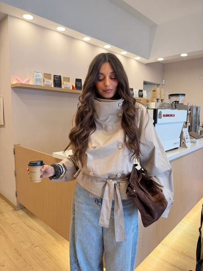 Cropped High Neck Trench Coat in Beige