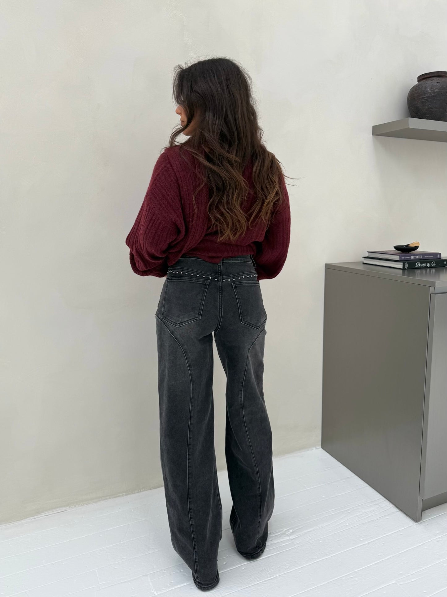 Wide Leg Grey Denim Jeans Studded Details - Shipping 21/11 to 28/11