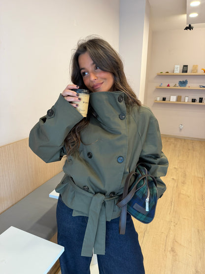 Cropped High Neck Trench Coat in Khaki