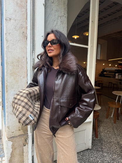 Leather Jacket With Removable Fur Collar in Brown