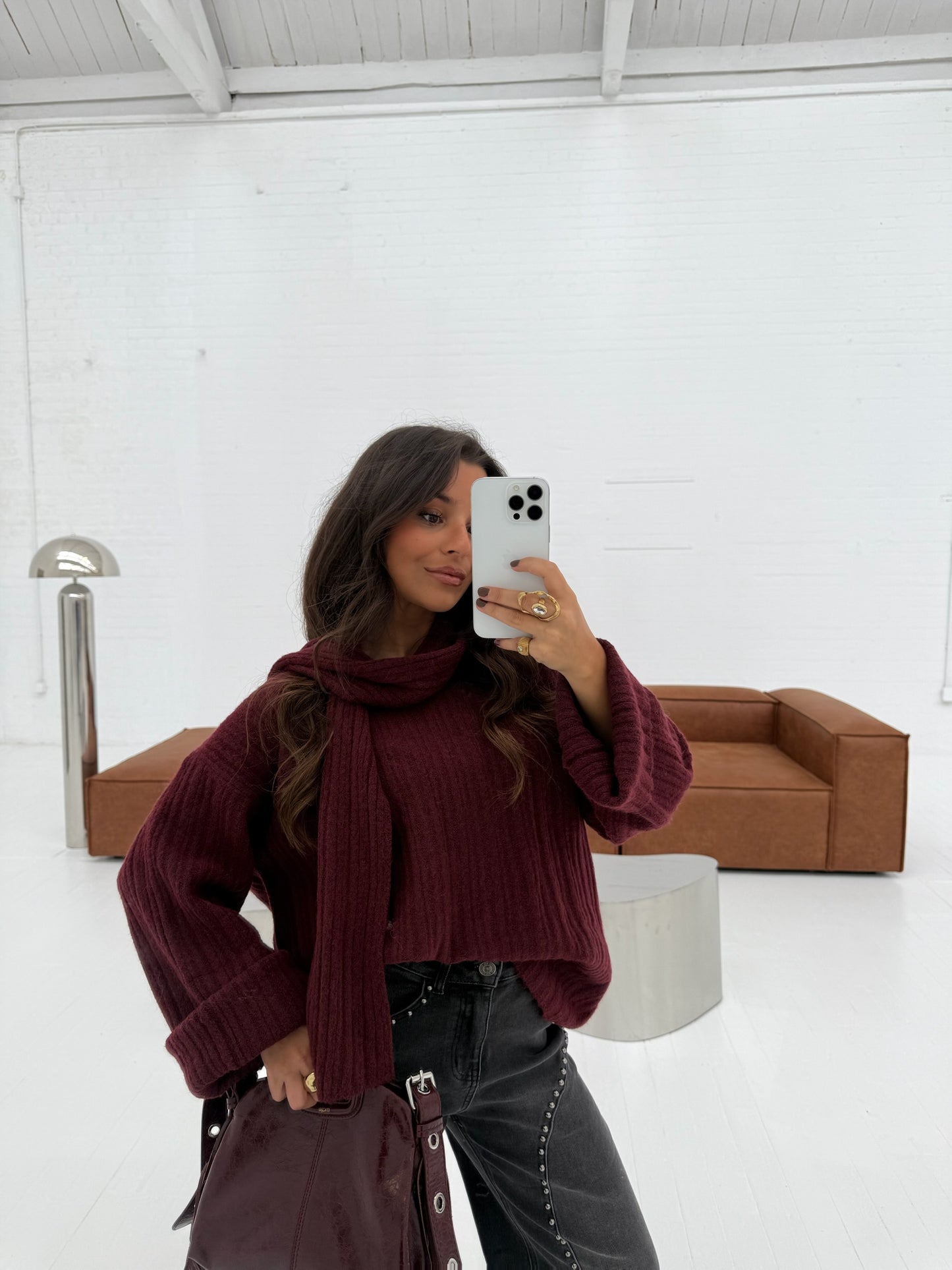 Stockholm Knit Sweater with Scarf in Burgundy