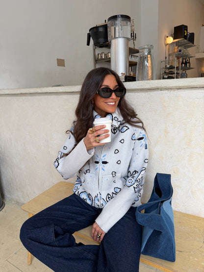 Cashmere and Wool Bandana Jacket in Grey and Blue