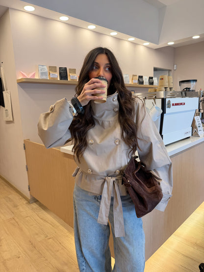 Cropped High Neck Trench Coat in Beige