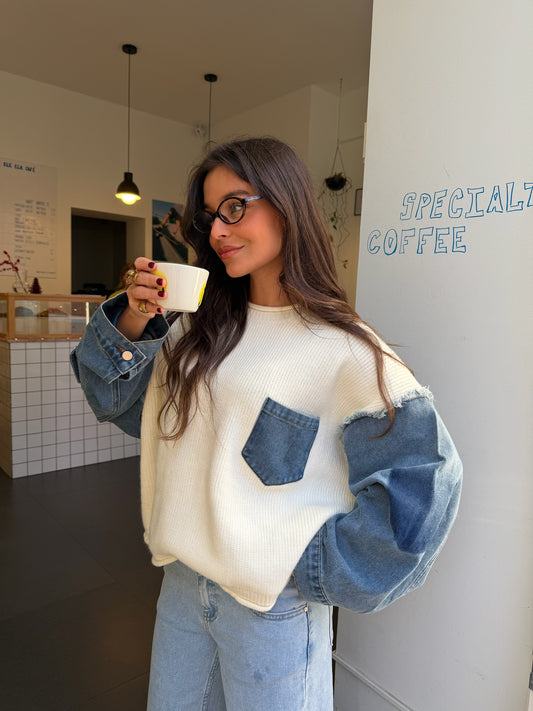 Denim and White Knit Sweater