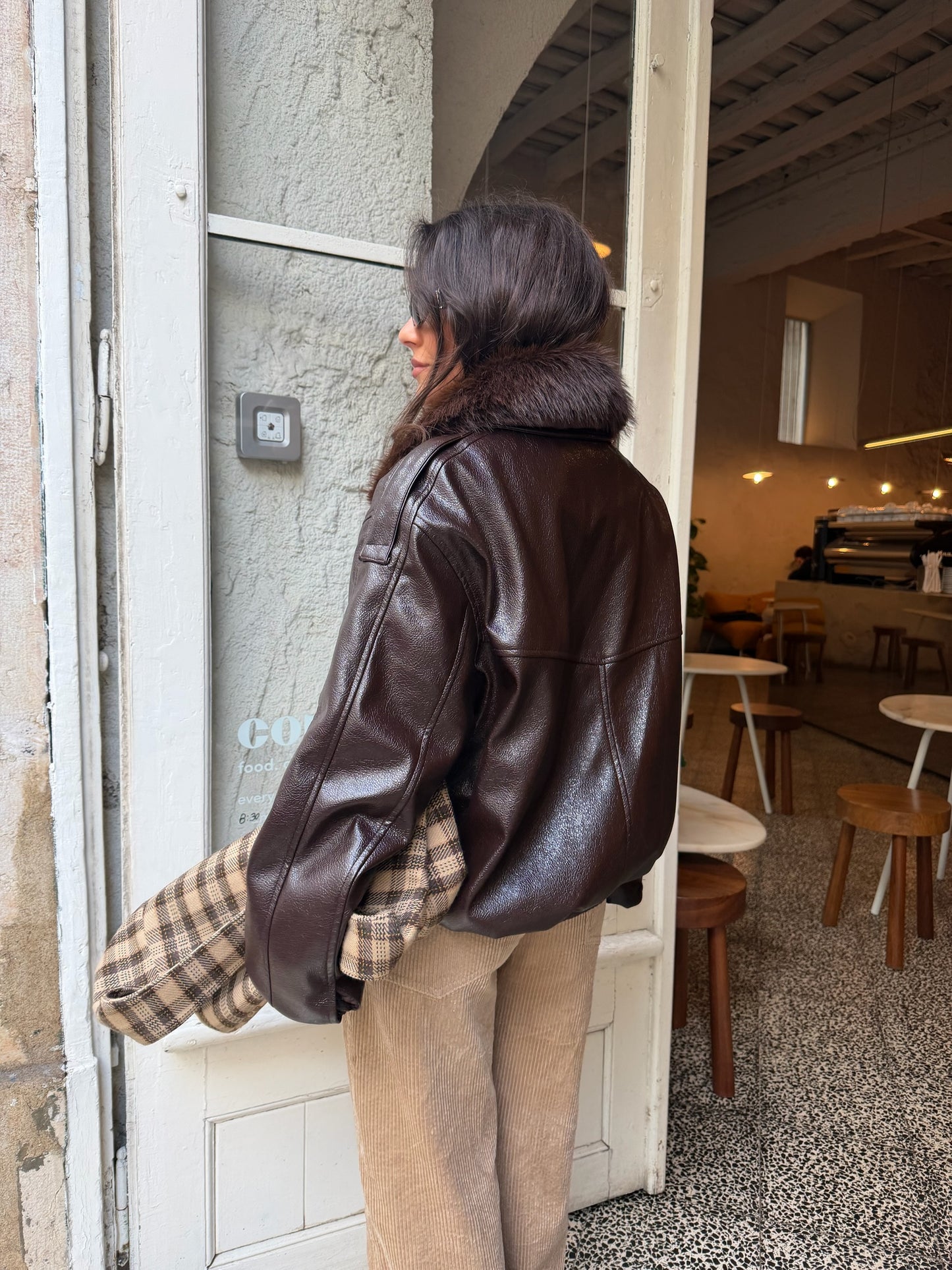 Leather Jacket With Removable Fur Collar in Brown