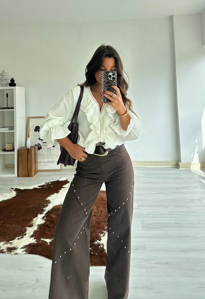 Pre-order Brown Studded Wide Pants - Shipping/Envio 31-03