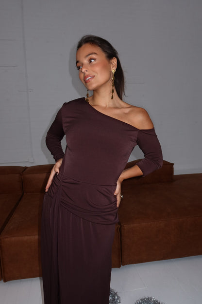 Maya Long Midi Dress in Chocolate Brown