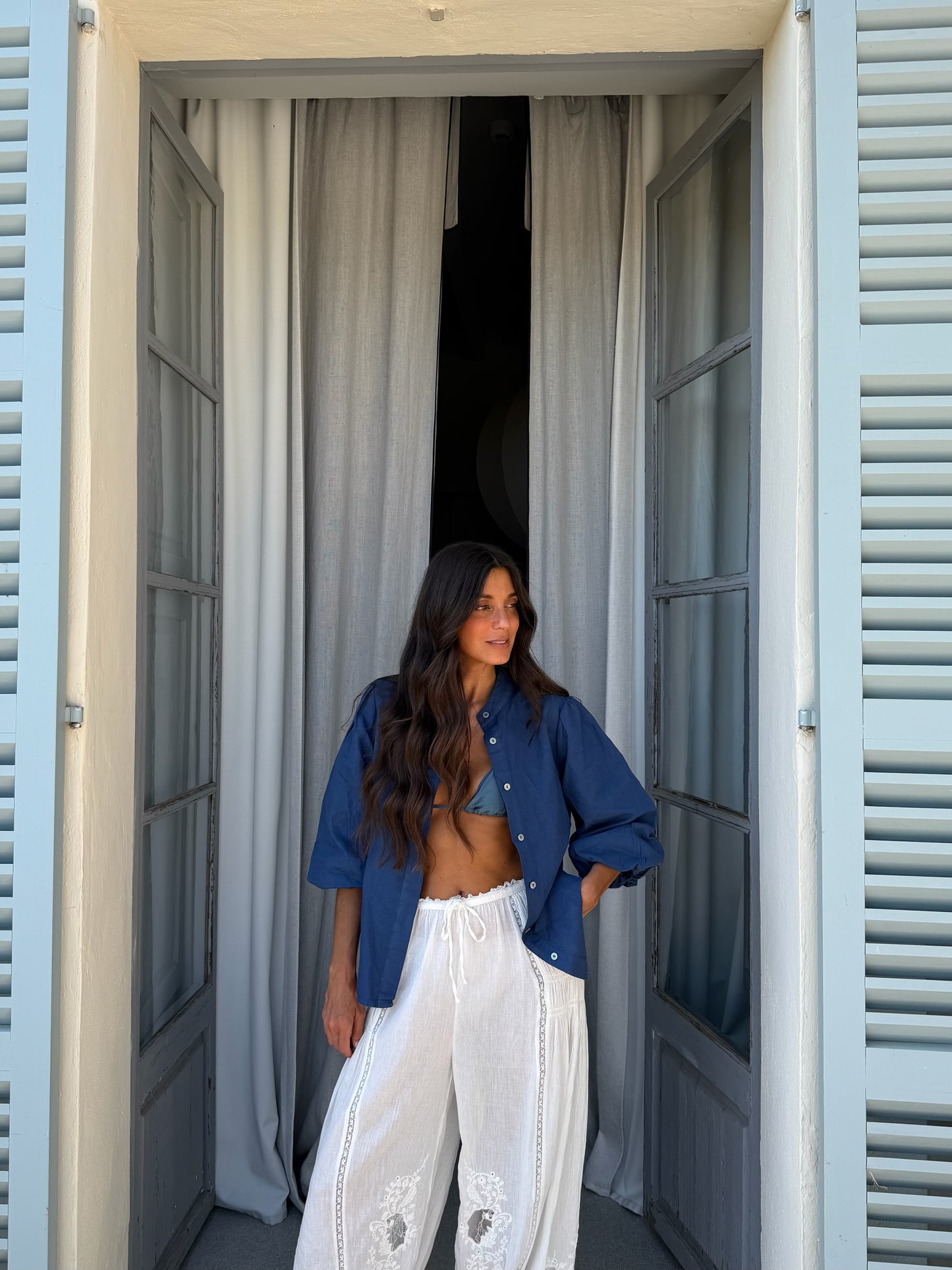 Balloon Sleeve Linen Blouse in Dark Denim