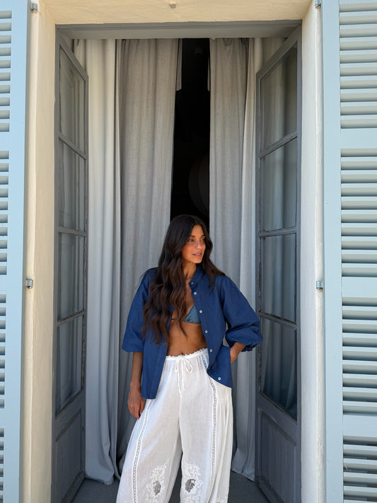 Balloon Sleeve Linen Blouse in Dark Denim