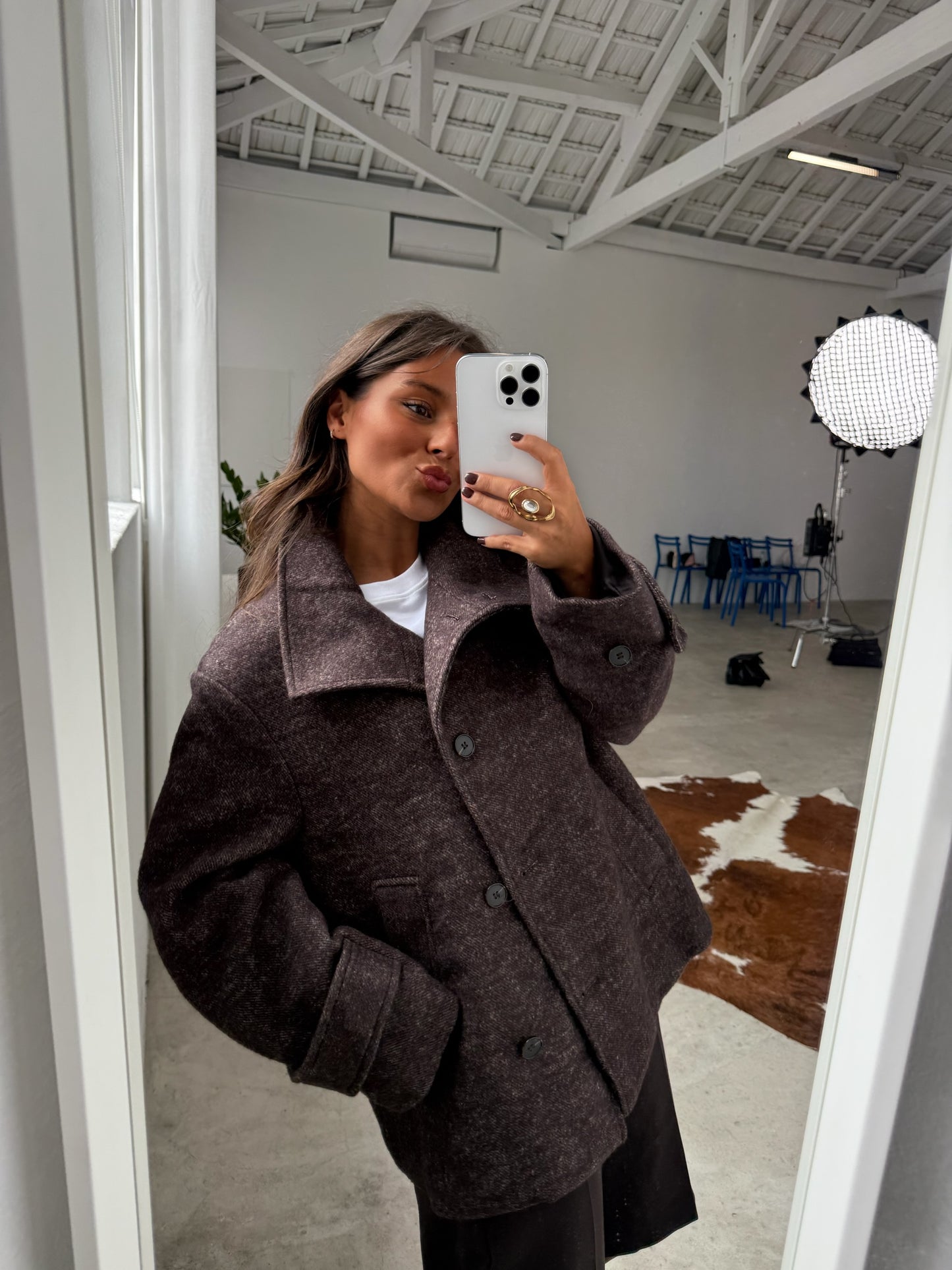Oversize Wool Cross Coat in Brown