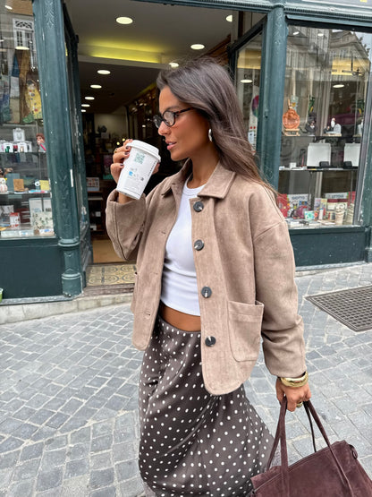 Polka Dot Satin Skirt with Lace Deatil in Dark Brown