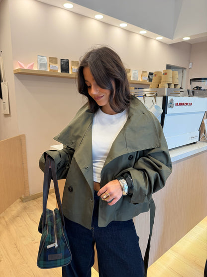 Cropped High Neck Trench Coat in Khaki
