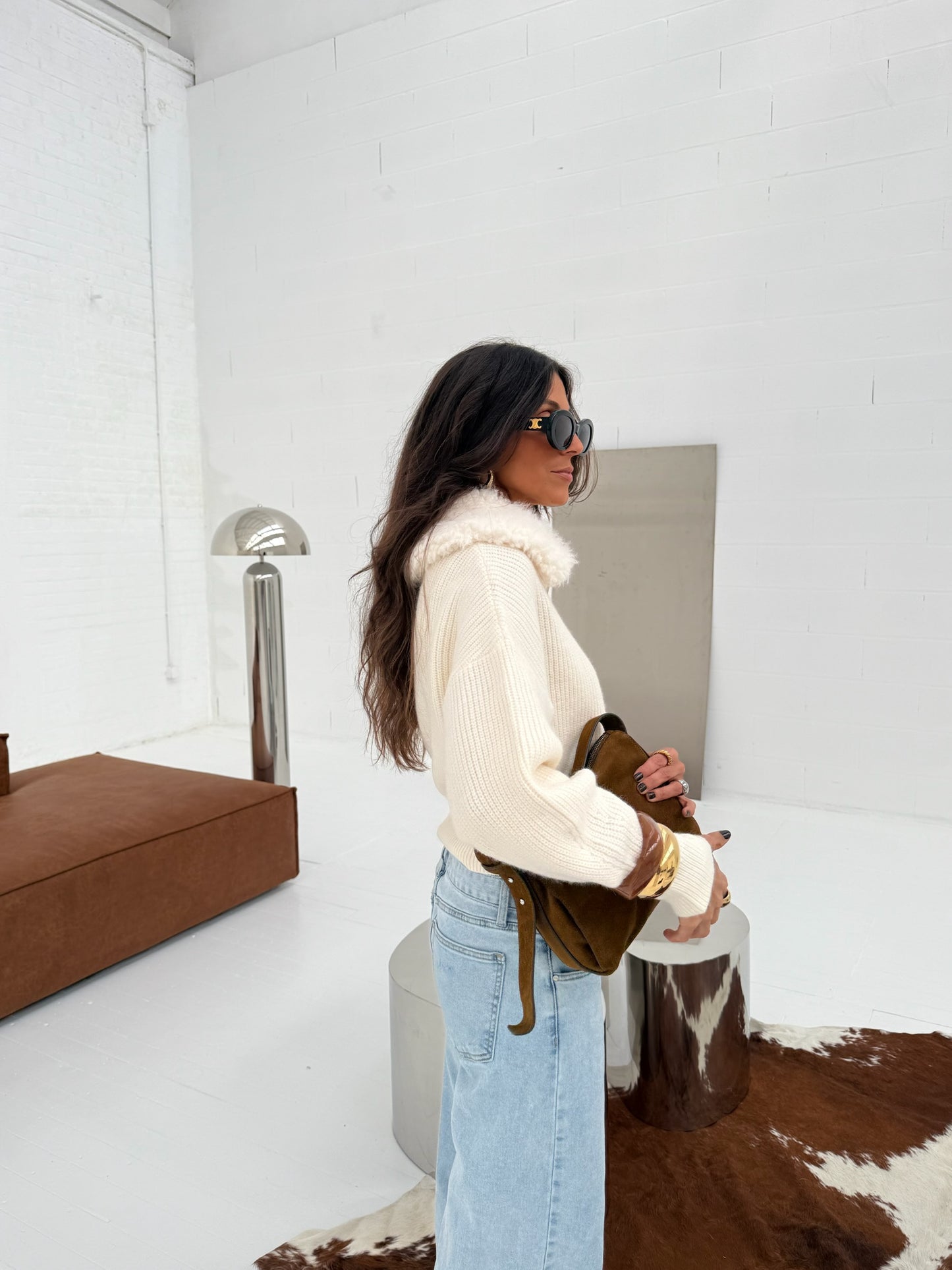 Knit Cardigan with Curly Fur Collar in White