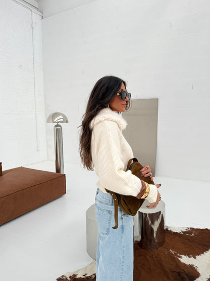 Knit Cardigan with Curly Fur Collar in White