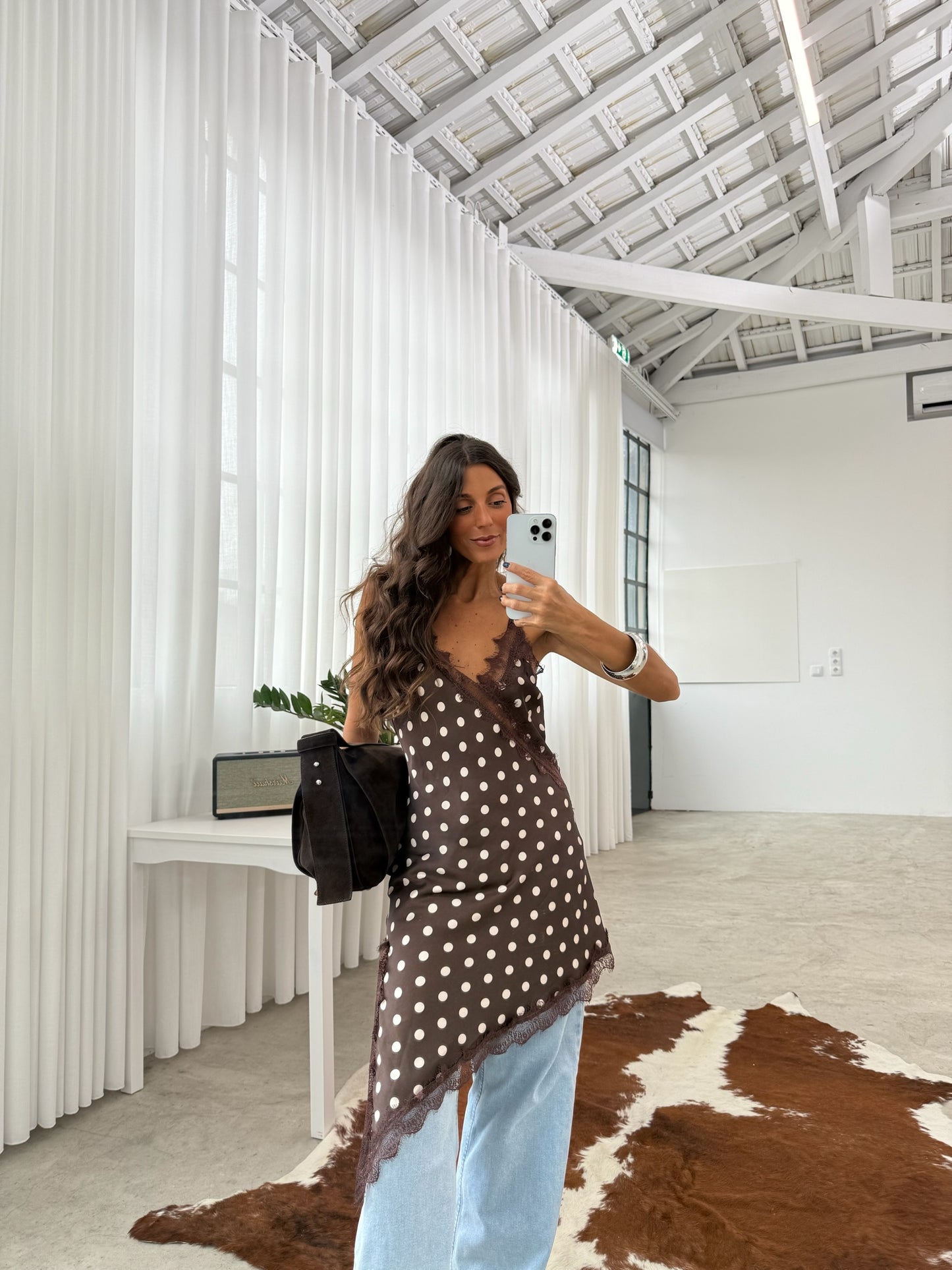 Asymmetric Brown Polka Dot Lace Dress