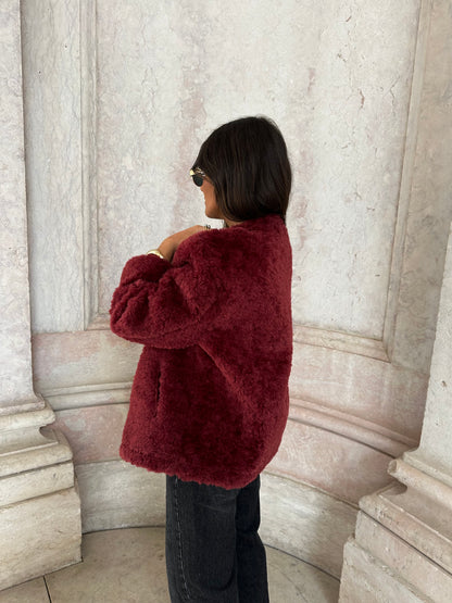 Curly Fur Jacket in Burgundy