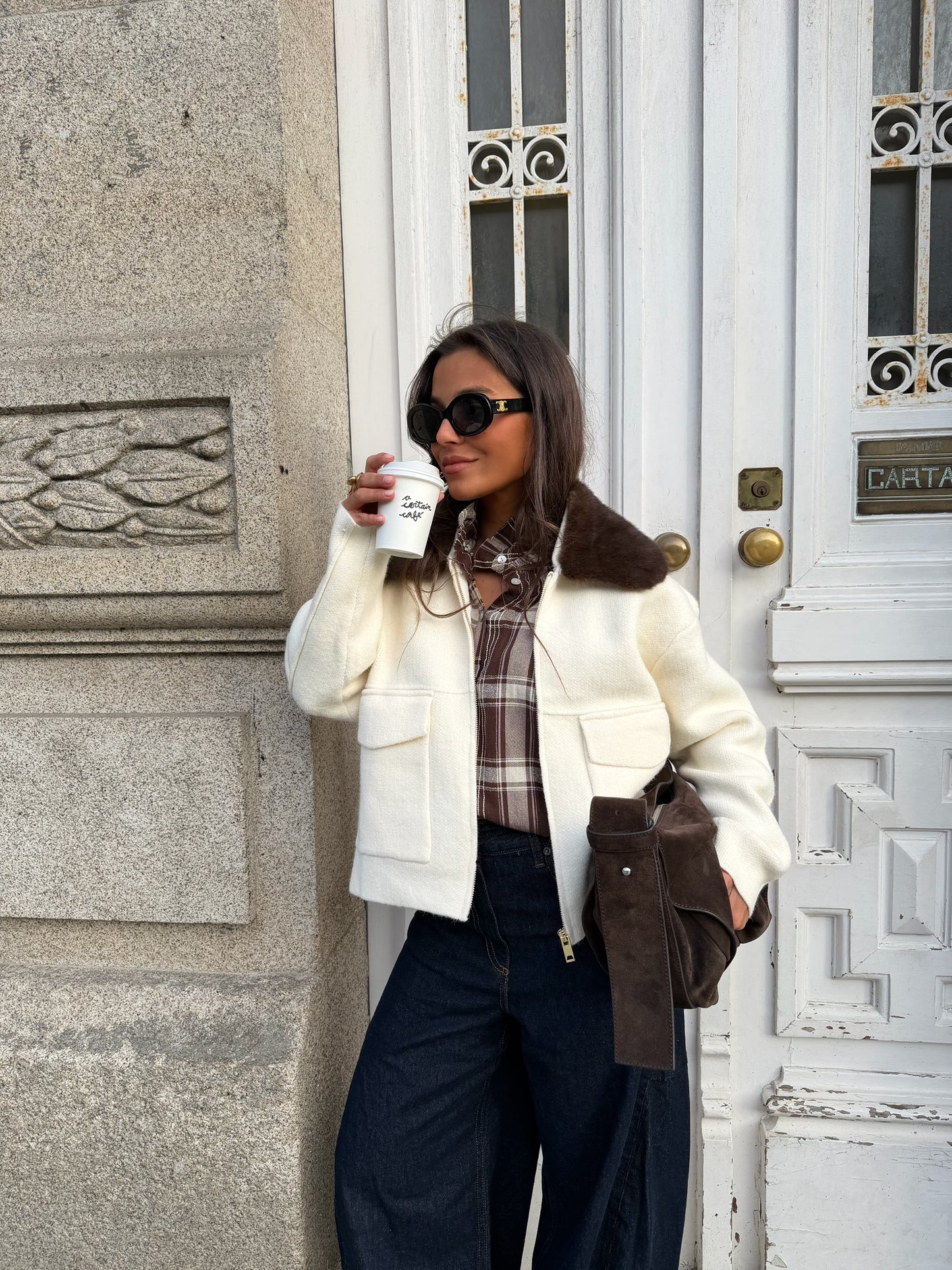 Cashmere and Wool Jacket with Fur Collar in Brown