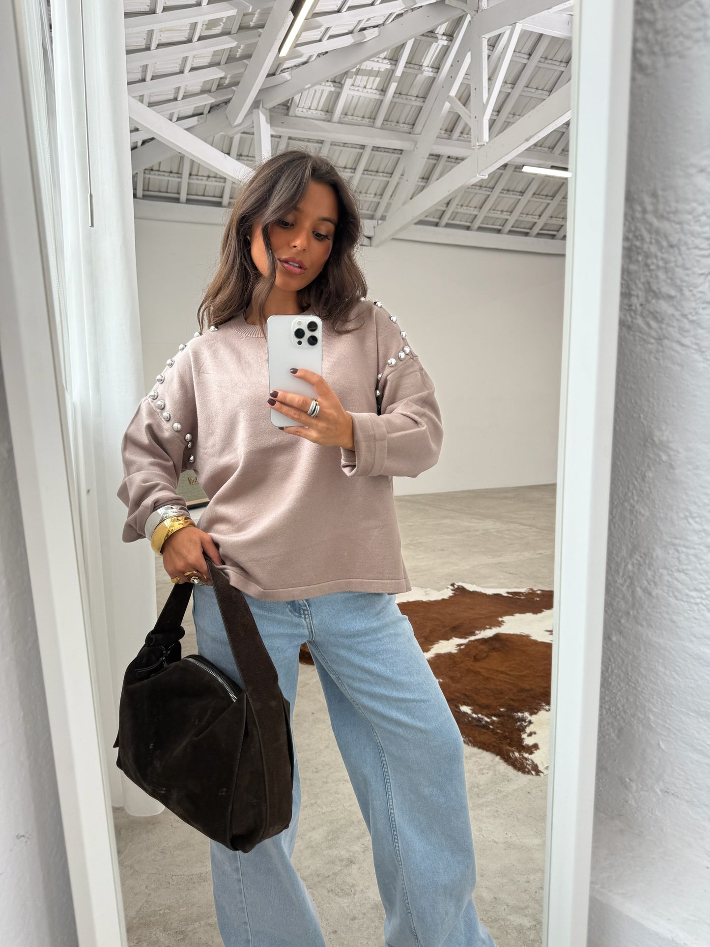 Sweater With Side Studs in Beige