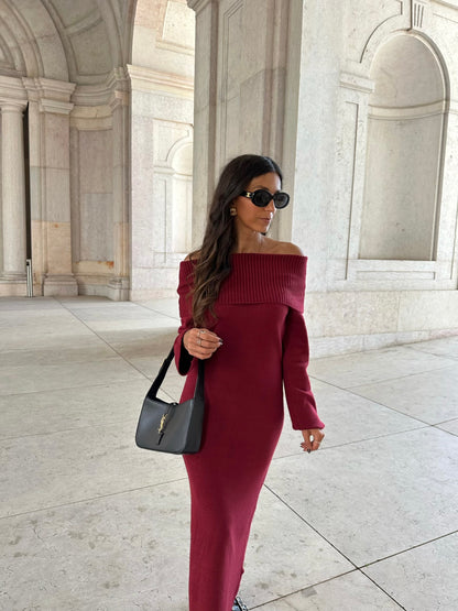 Off Shoulder Knit Dress in Burgundy