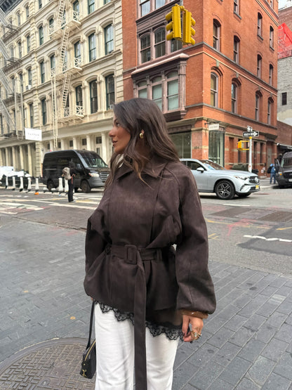 SoHo Suede Belted Jacket in Brown
