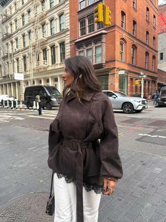 SoHo Suede Belted Jacket in Brown