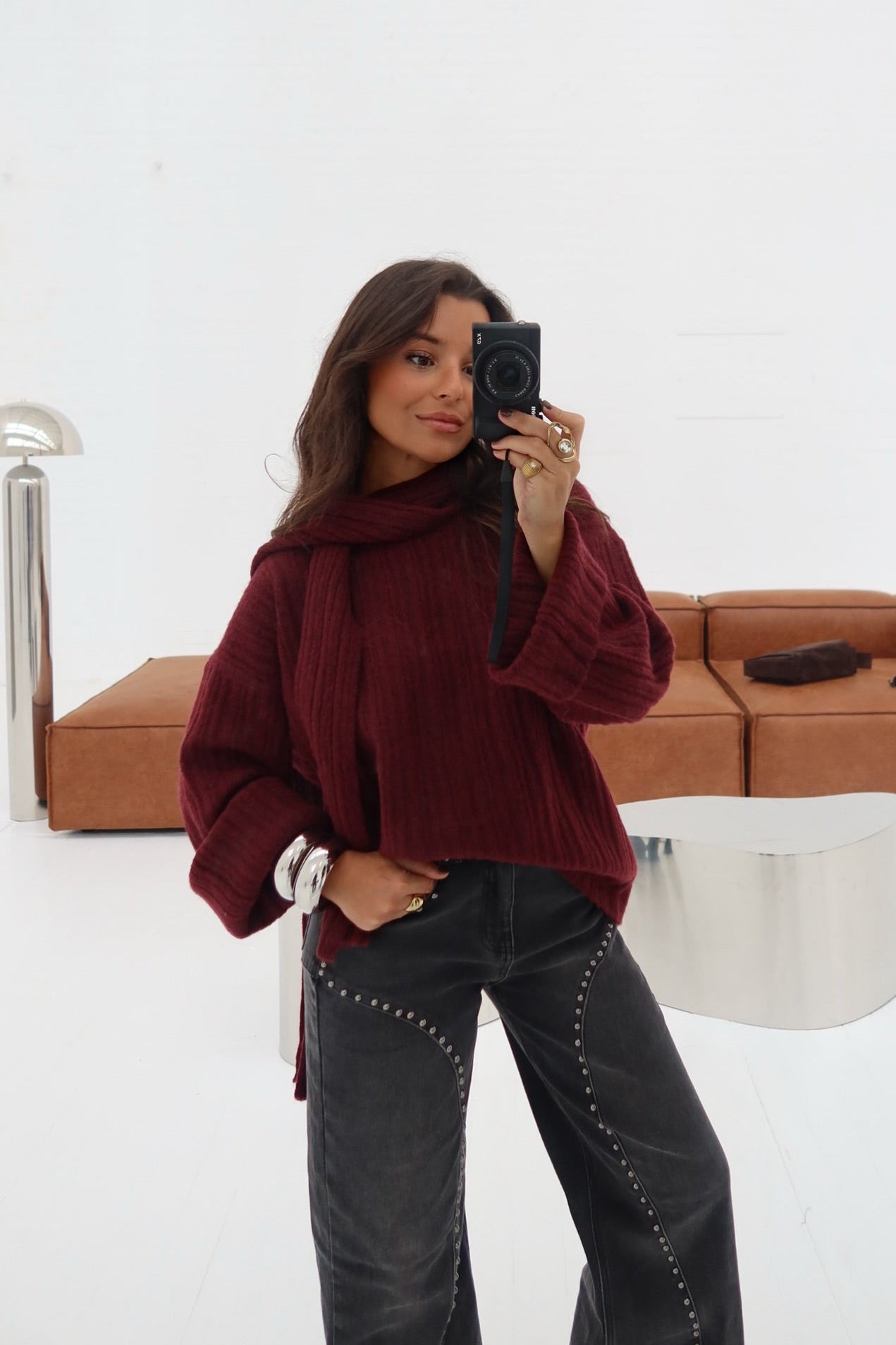 Stockholm Knit Sweater with Scarf in Burgundy