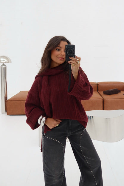 Stockholm Knit Sweater with Scarf in Burgundy