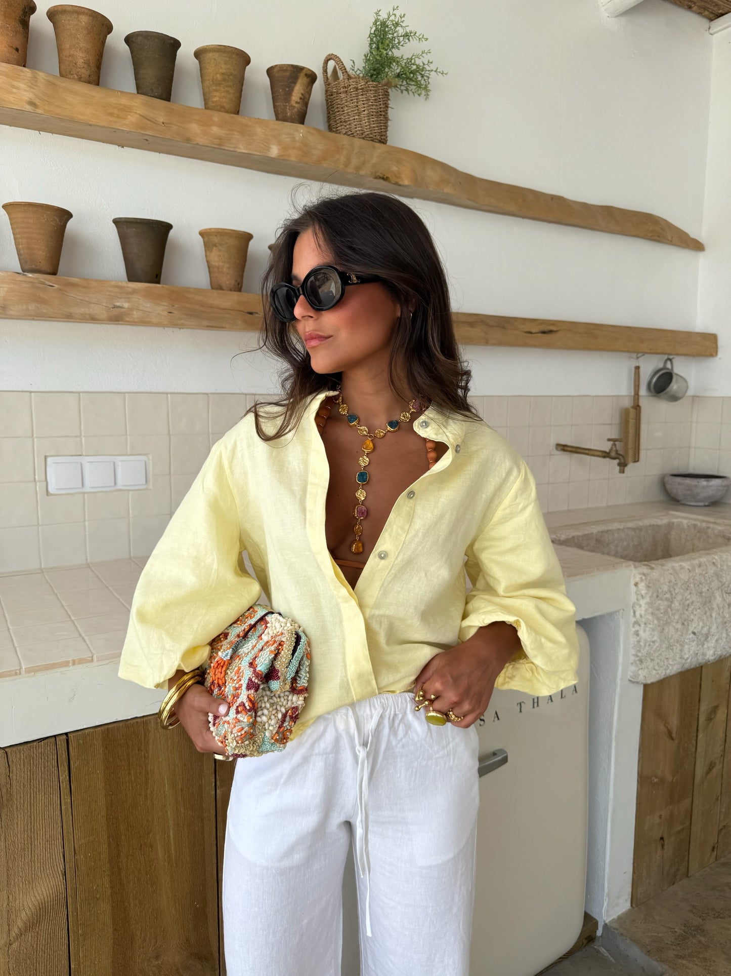 Balloon Sleeve Linen Blouse in Light Yellow