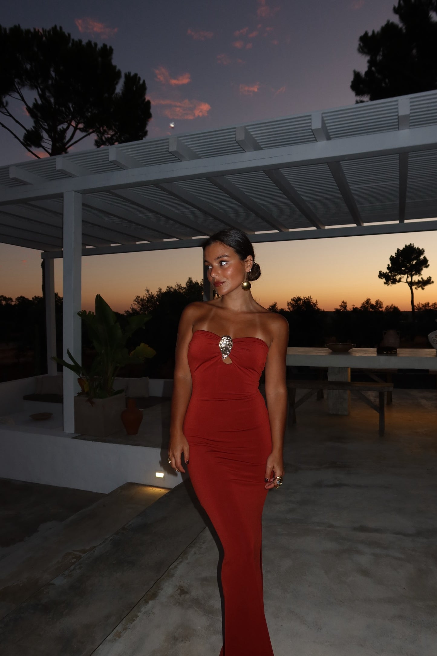 Strapless Terracota Dress With Gold Detail