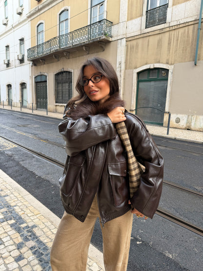Leather Jacket With Removable Fur Collar in Brown