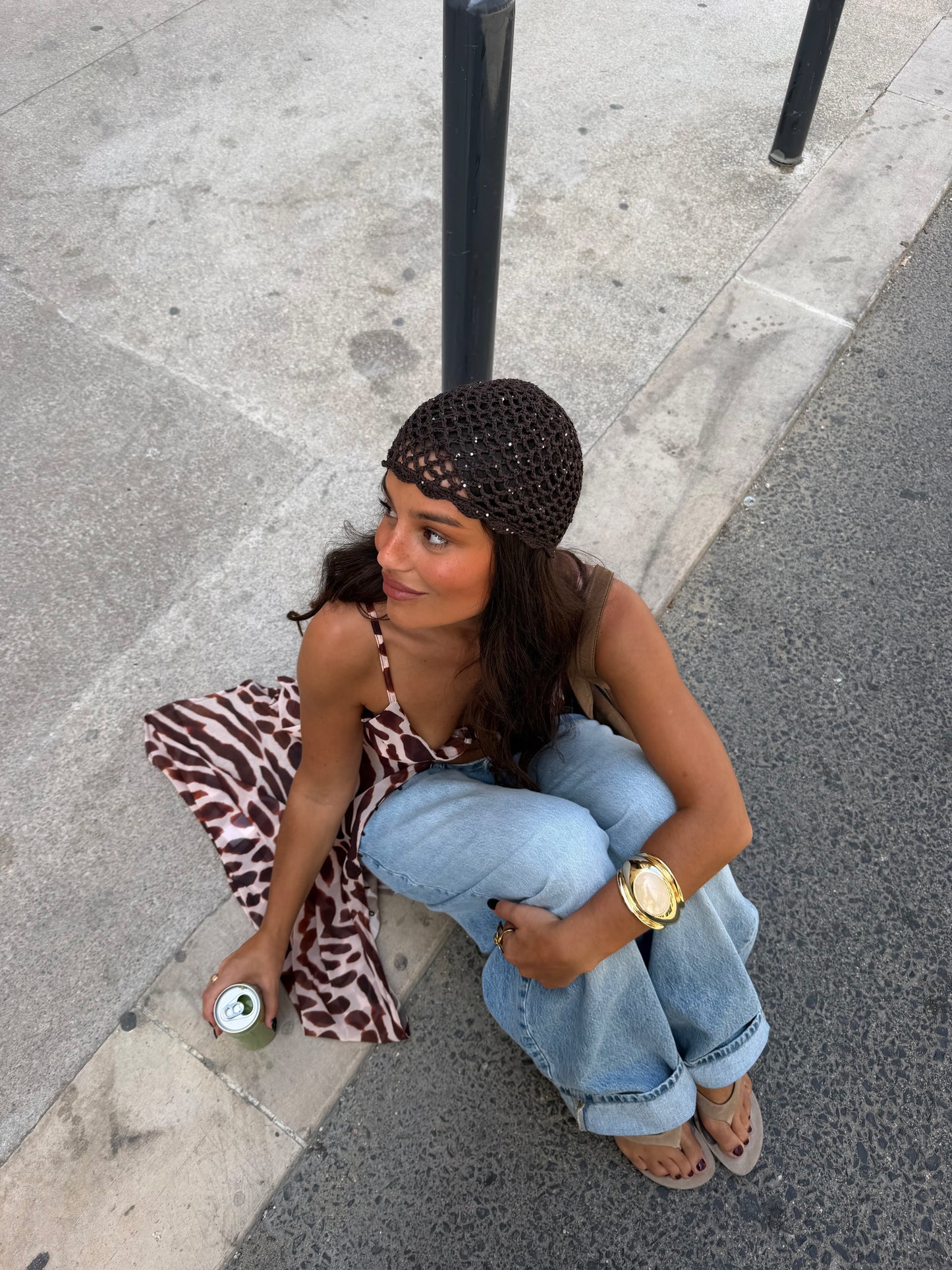 Croché Hat with Sparkle Details in Brown