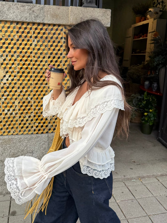 Lace Detail Ruffle Blouse in Cream