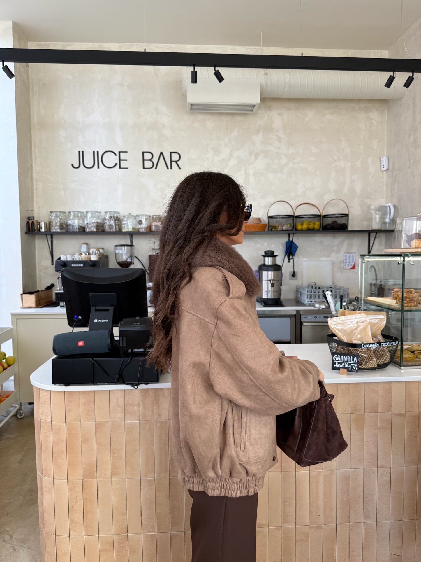 Oversized Taupe Suede Jacket with Faux Fur Collar