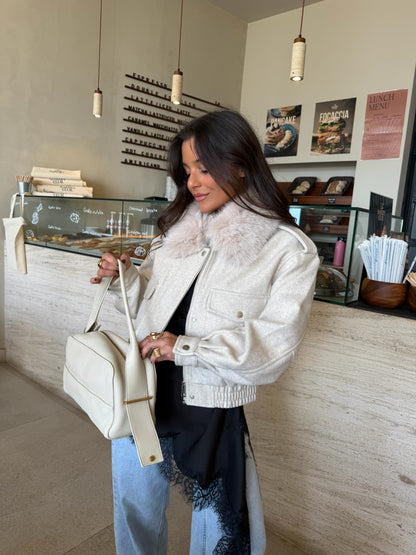 Beige Cropped Fur Collar