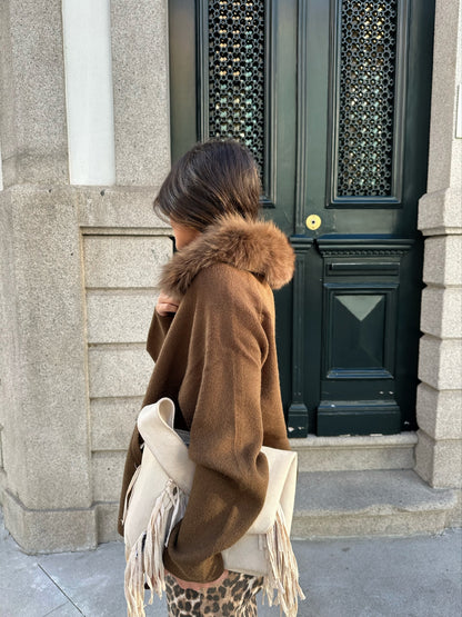 Cashmere Wool Jacket With Fur in Chocolate Brown Without Pockets