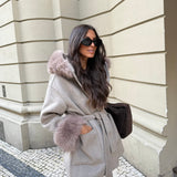 Wool Jacket With Faux Fur in Taupe
