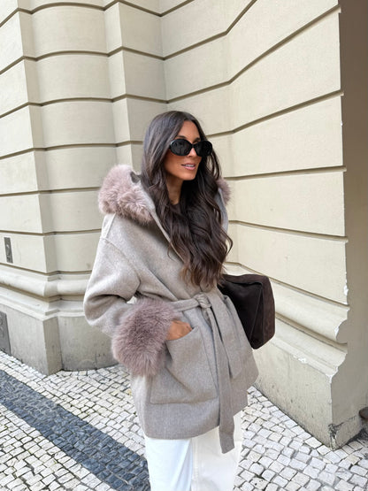 Wool Jacket With Faux Fur in Taupe