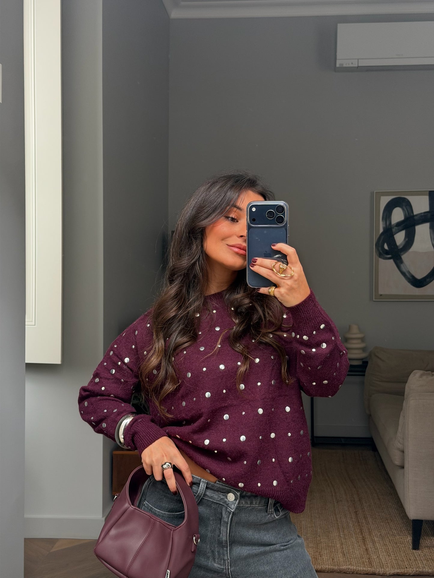 Sabrina Studded Sweater in Burgundy