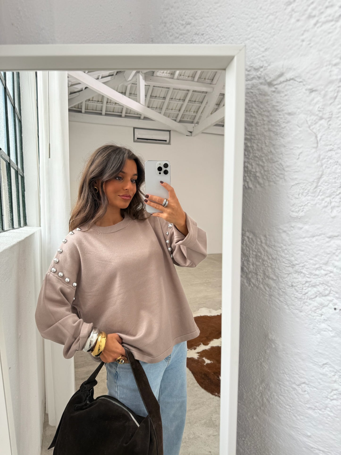 Sweater With Side Studs in Beige