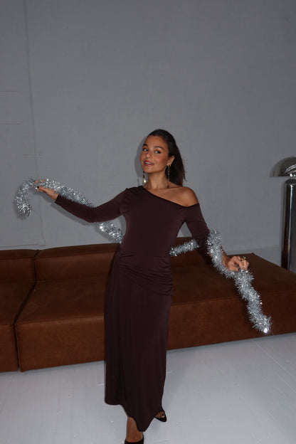 Maya Long Midi Dress in Chocolate Brown