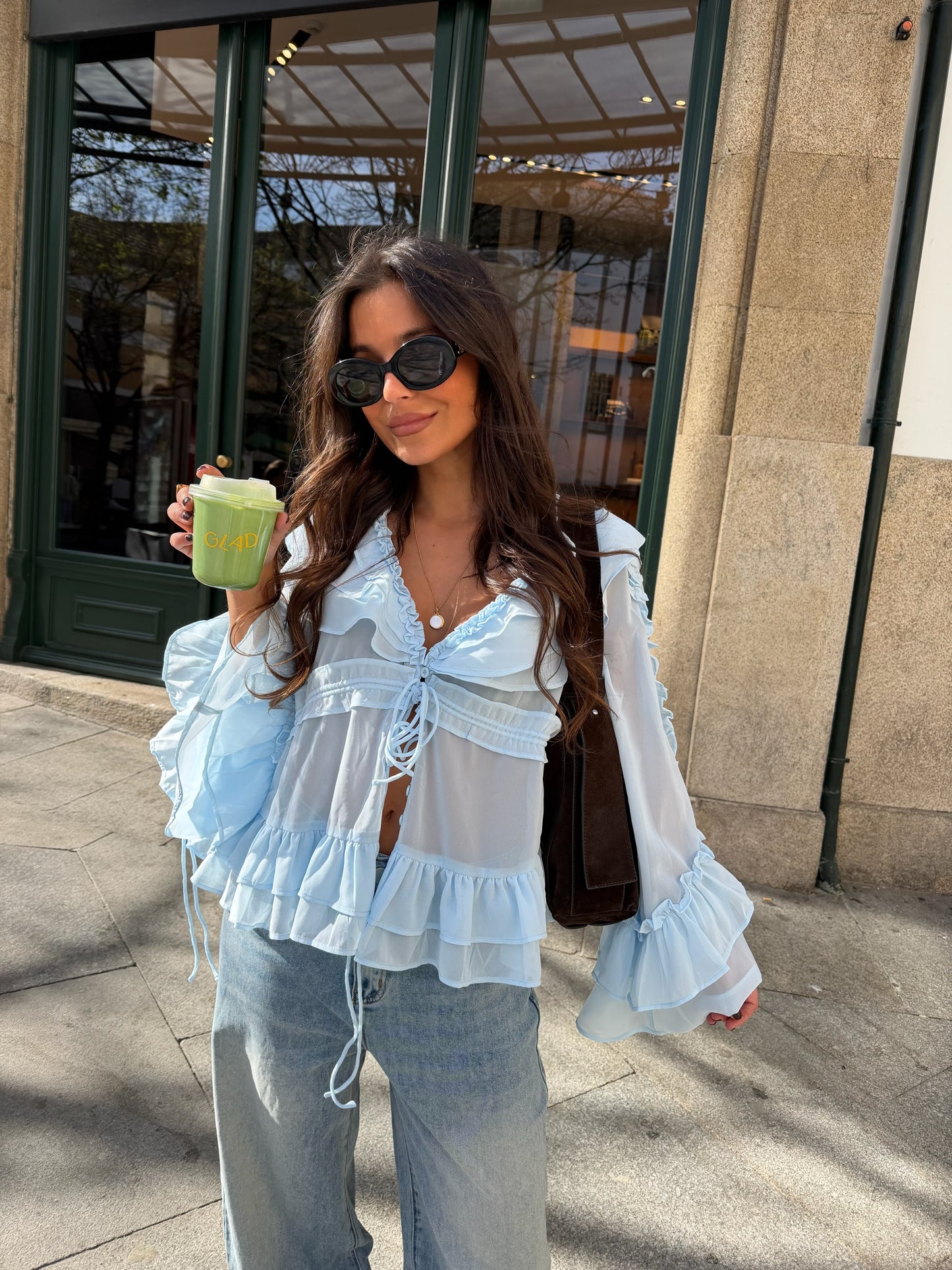 Sheer Ruffle Blouse in Baby Blue