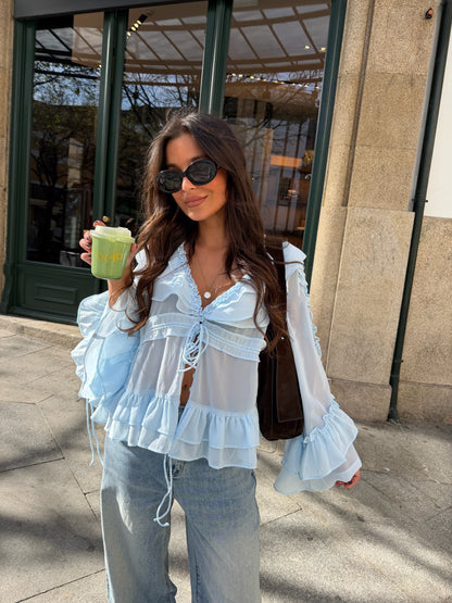Sheer Ruffle Blouse in Baby Blue