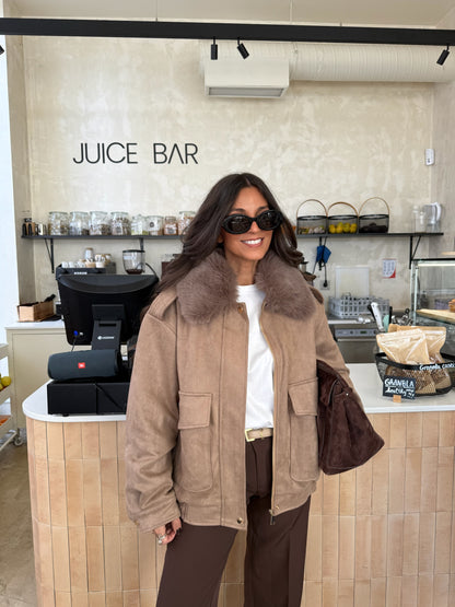 Oversized Taupe Suede Jacket with Faux Fur Collar