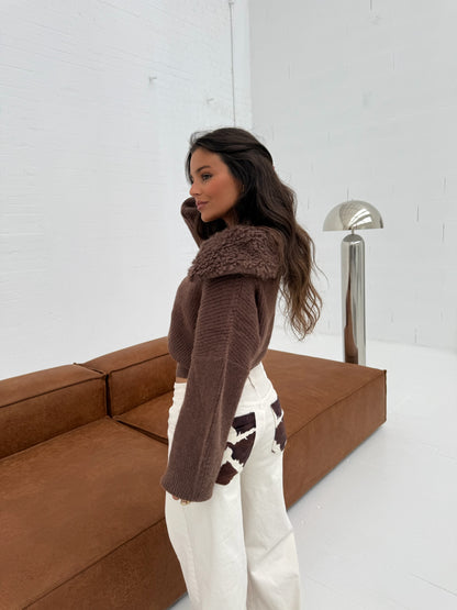 Knit Cardigan with Curly Fur Collar in Brown