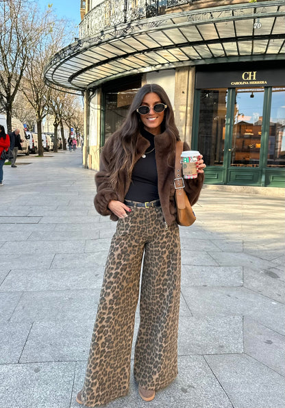 Animal Print Bombazine Wide Trousers